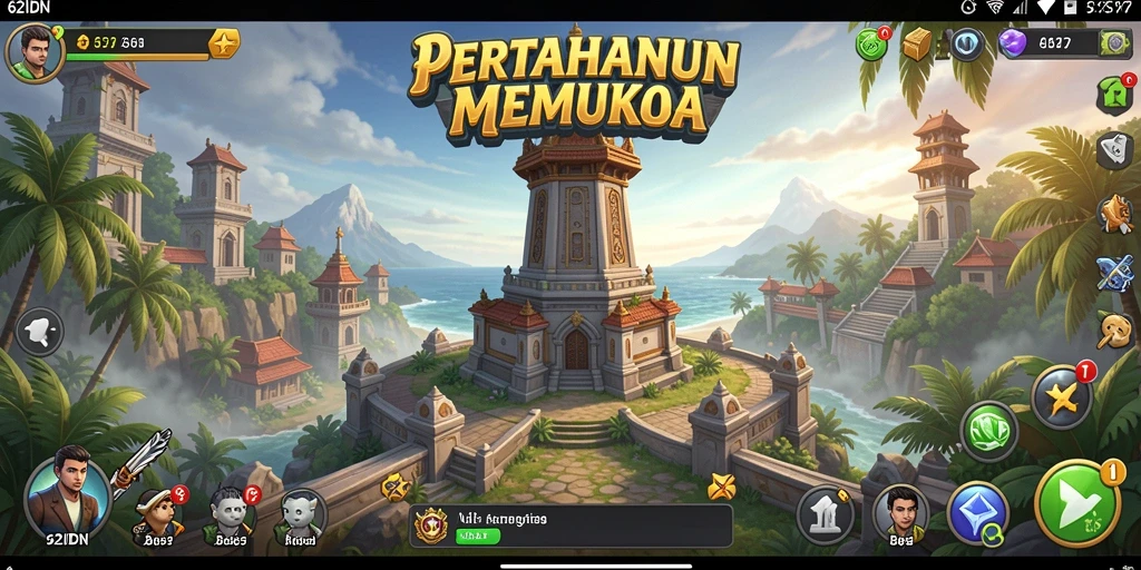 Gameplay seru dalam 62IDN dengan menara pertahanan berwarna-warni.