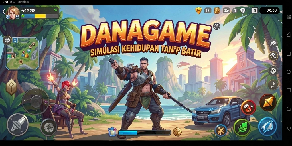 Tangkapan layar utama DANAGAME menunjukkan karakter dan lingkungan permainan yang interaktif.
