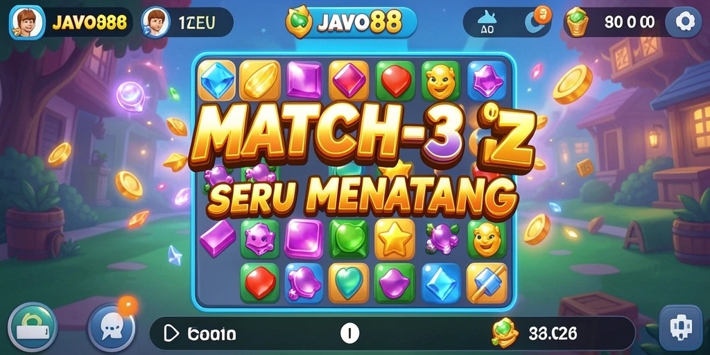 Screenshot utama JAVO88 menampilkan gameplay Match-3 yang seru.