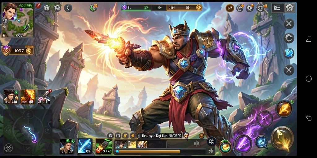 Screenshot gameplay JOS77 menunjukkan efek grafis menawan dan aksi pertempuran.
