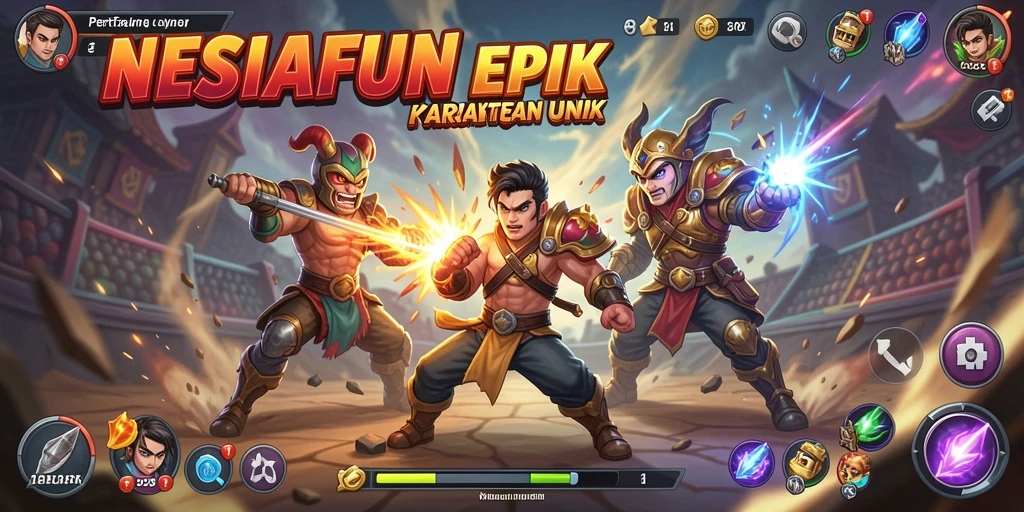 Screenshot menunjukkan karakter bertarung dalam arena dengan efek visual menarik.