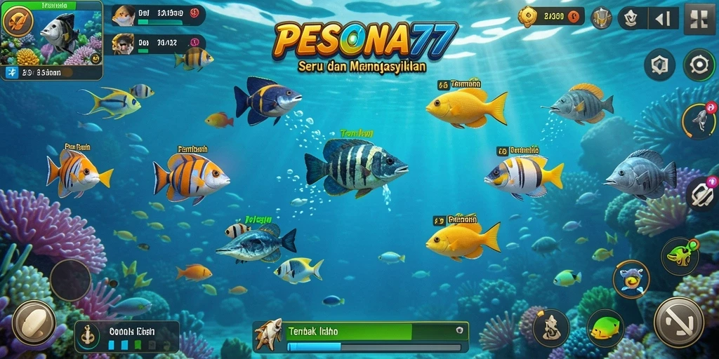 Tampilan gameplay PESONA77 saat menembak ikan di lautan.