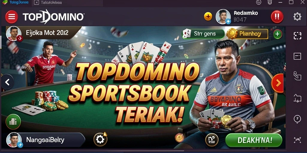 Screenshot utama TOPDOMINO menampilkan pengguna yang sedang berinteraksi dengan aplikasi Sportsbook.